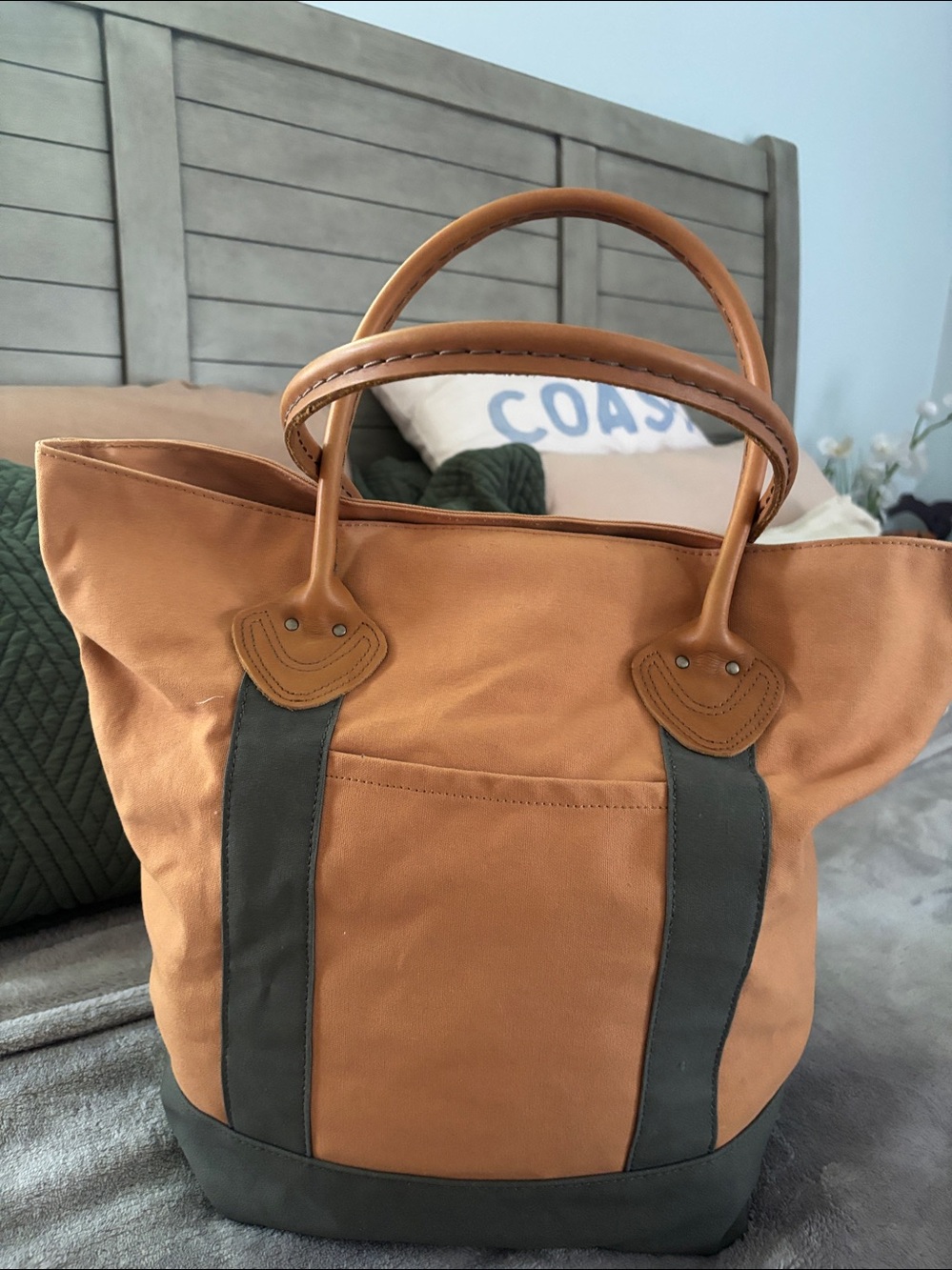 LL BEAN Boat & Tote Bag Full Grain Leather Handles vintage Khaki/Green - Picture 8 of 15